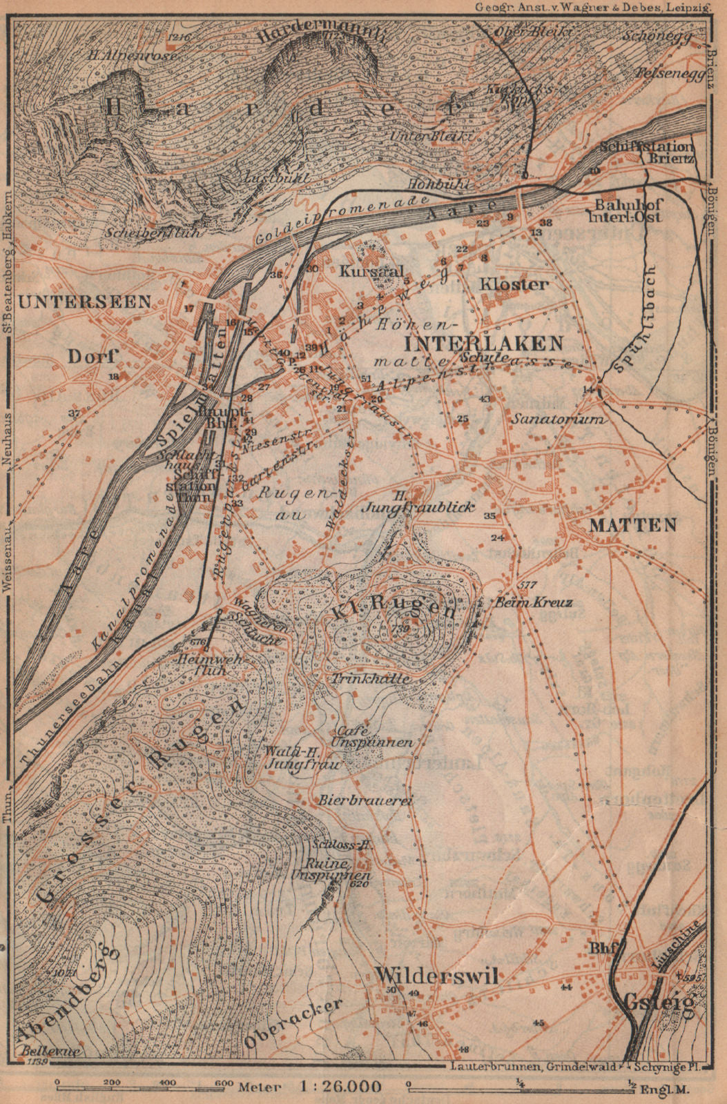 INTERLAKEN ENVIRONS. Unterseen Matten Aarmuhle Wilderswyl. Schweiz 1907 map